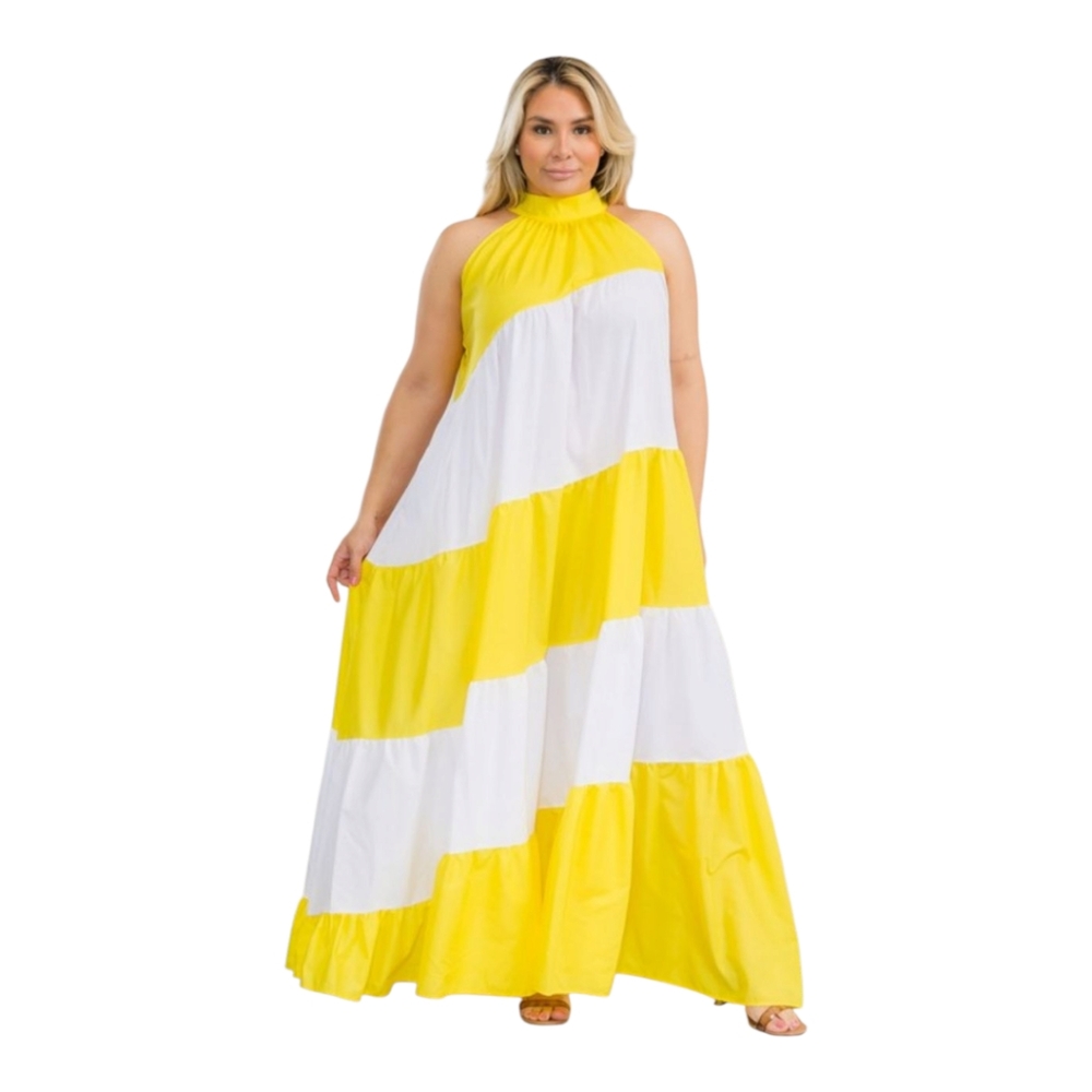 Karen T Yellow and White Maxi Dress Large Xl 1xl 2xl